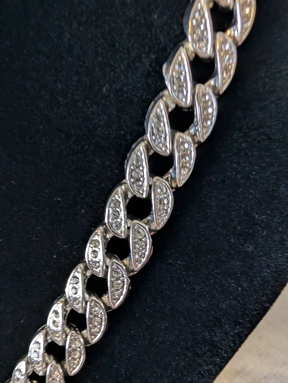 Y2K Rhinestone Cuban Link Necklace Silver Tone Glam Chain Pavé Crystal Detail